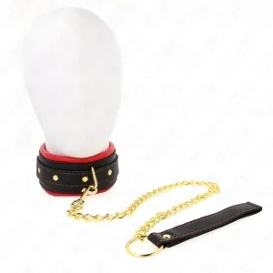 Black and red choker with gold chain and handle on a white background.