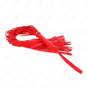 Red whip with many fringes and a handle, on a white background.