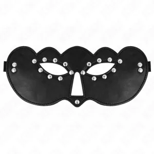 Black eye mask with silver studs, curved shape, two eye openings, on a white background.