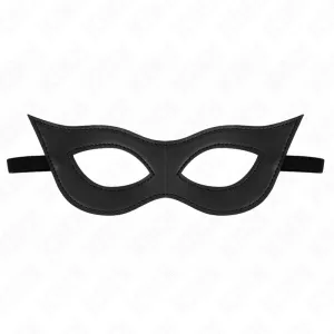 Schwarze Augenmaske mit spitzen Enden und elastischem Band, auf weißem Hintergrund.