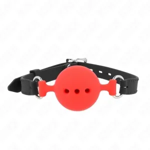 Rotes Ballknebel mit schwarzem verstellbarem Riemen und drei Löchern in der Mitte.