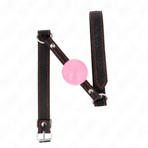 Schwarzes Lederhalsband mit roter Naht und rosa Ball in der Mitte.