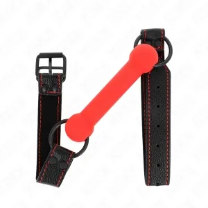 Red silicone gag with black leather strap and buckle, red stitching.