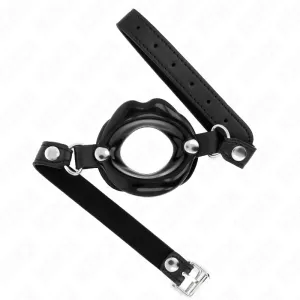 Schwarzer Mundknebel mit verstellbarem Lederriemen und Metallverschlüssen, auf weißem Hintergrund.