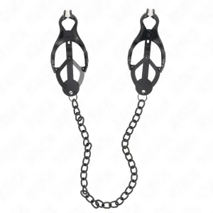 Black clothespins with chain, on a white background.