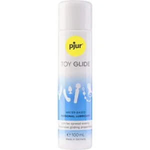 Pjur Toy Glide water-based lubricant bottle, 100 ml, white and blue design, yellow circle with logo.