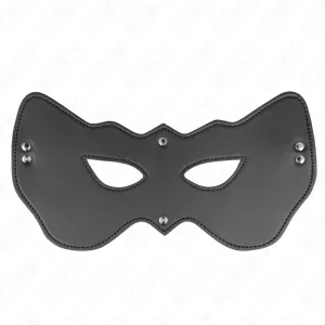 Schwarze Augenmaske aus Leder mit Nieten, katzenähnliche Form, auf weißem Hintergrund.