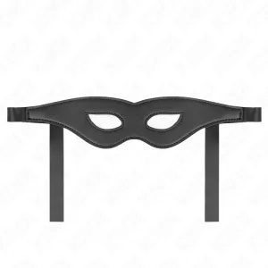 Schwarze Augenmaske mit zwei Bändern, auf weißem Hintergrund.