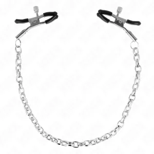 Metal clamps with black rubber and chain, on a white background.