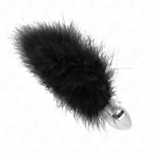 Black, fluffy tail with a silver metal handle on a white background.