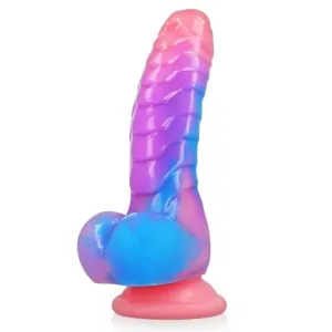 Bunter Dildo mit Saugnapf, in Rosa, Lila und Blau, mit gerippter Struktur.