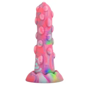 Bunter, strukturierter Silikon-Dildo mit Noppen und wellenförmiger Basis.