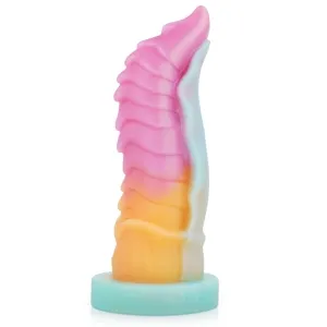 Bunter, strukturierter Silikon-Dildo in Pastellfarben mit wellenförmigem Design und runder Basis.