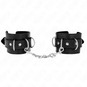Black leather handcuffs with metal chain and buckles, on a white background.