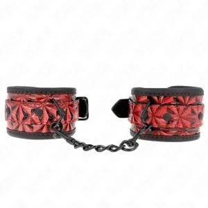 Red handcuffs with black pattern and chain, on a white background.