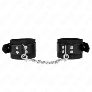 Black leather handcuffs with metal chain and buckles, on a white background.