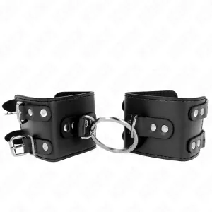 Black leather handcuffs with metal ring and buckles, on a white background.