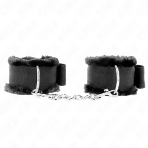Black, padded handcuffs with chain and carabiner hook on a white background.
