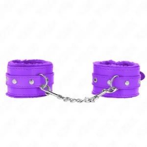 Purple plush handcuffs with chain and metal clasps on a white background.