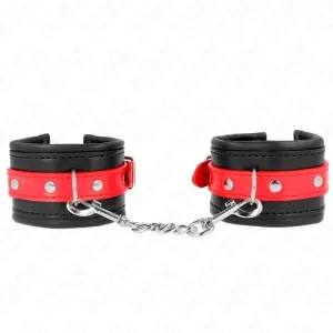 Black and red handcuffs with chain, silver rivets and clasps.