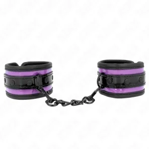 Purple and black handcuffs with chain, on a white background.