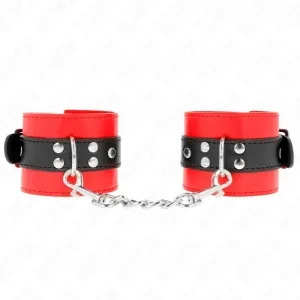 Red and black handcuffs with chain, on a white background.