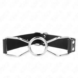 Black leather collar with silver metal ring and buckle closure, on a white background.