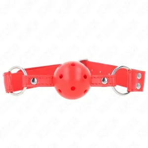 Red toggle with holes and adjustable strap, silver rings on the sides.