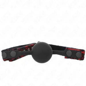 Black ball gag with red, adjustable strap and snap fasteners.