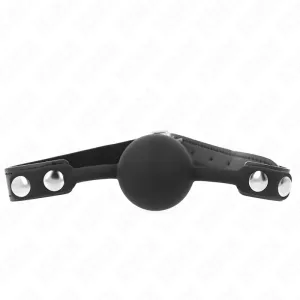 Black ball gag with adjustable leather strap and silver rivets.