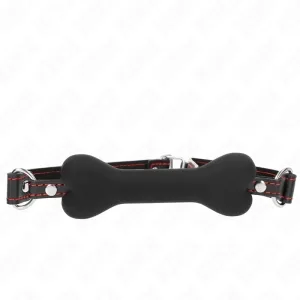 Schwarzer Knochen-Knebel mit roter Naht und Schnallen.