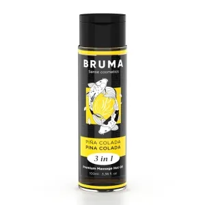 Flasche Bruma 3-in-1 Massageöl, Piña Colada Duft, 100 ml, schwarzes Design mit gelben Akzenten.