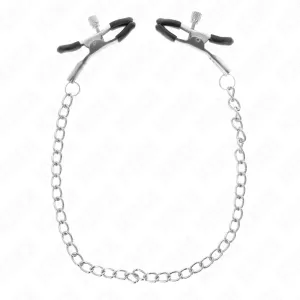 Silver chain with two black clips at the ends, on a white background.