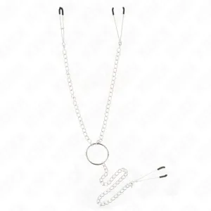 Silver chain with two clasps and a ring in the middle, on a white background.