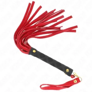 Black handle with red leather fringe, whip with wrist strap and gold rivets.