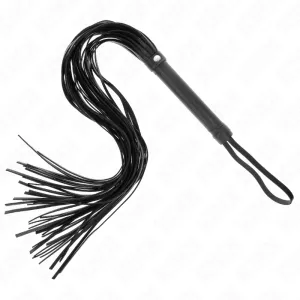 Schwarze Peitsche mit vielen Riemen und einem Griff mit Schlaufe.
