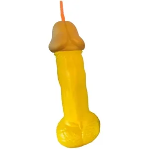 Yellow drinking cup in the shape of a penis with a straw.