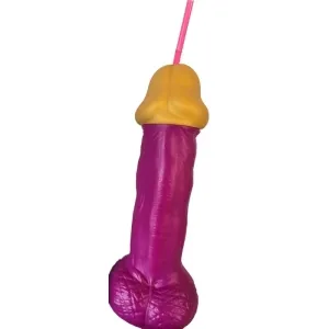 A drinking cup in the shape of a colorful, phallic object with a straw.