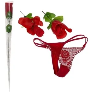 A red fabric rose unfolding into red lace lingerie, next to it a wrapped rose.