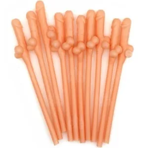 Eleven orange straws in the shape of a penis, on a white background.