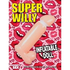 Inflatable penis-shaped doll against a background with red lips and the text 