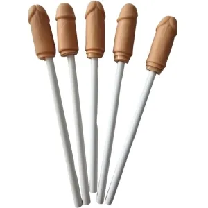 Five white straws with beige, humorous penis-shaped attachments.