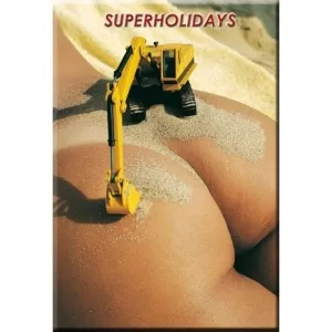 Yellow toy excavator on sand-covered skin, with the words 