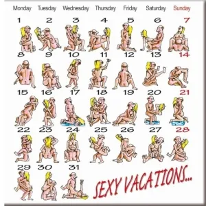 Calendar with humorous illustrations of couples in various poses, titled 