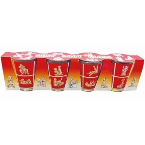 Four red shot glasses with erotic illustrations in a package.