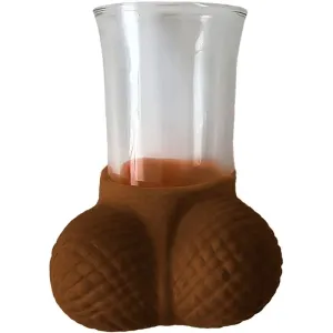 Ein Glas mit einem braunen, nussförmigen Sockel, der an zwei Eicheln erinnert.