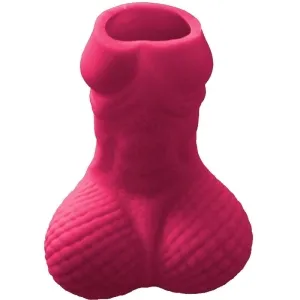 Pink silicone case in the shape of a muscular torso with a ribbed design.