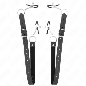 Black leather straps with metal rings and adjustable clips, on a white background.