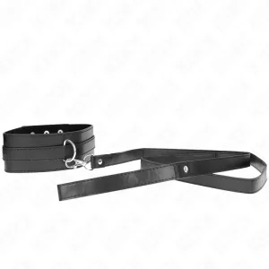 Black collar with leather leash, silver ring and clasp, on a white background.
