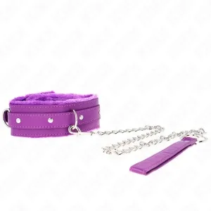 Purple necklace with chain and handle, on a white background.